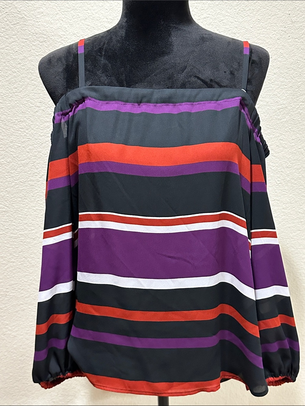 Women’s Striped Off-Shoulder Blouse in Black, Purple & Red